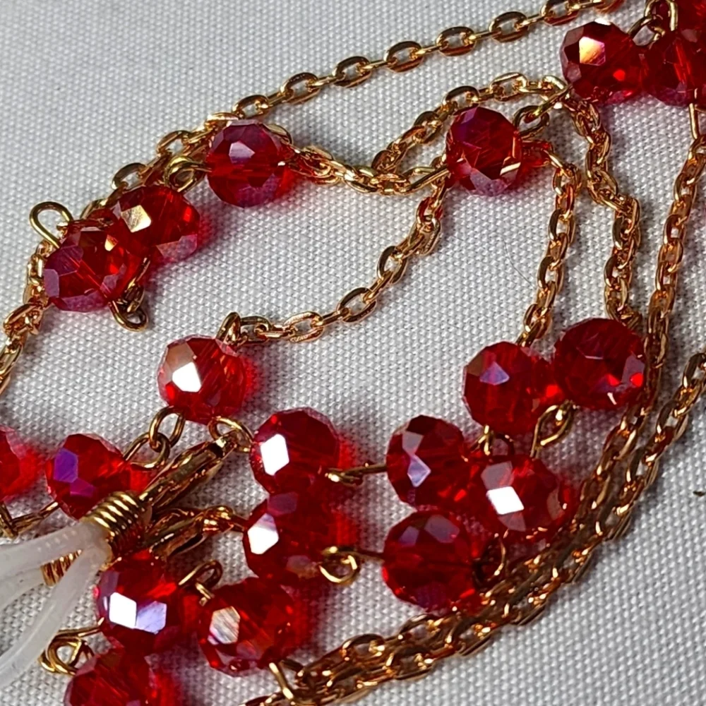 Gold with Red AB Crystal Bead Multi Use Chain Mask Eyeglass or ID Holder New